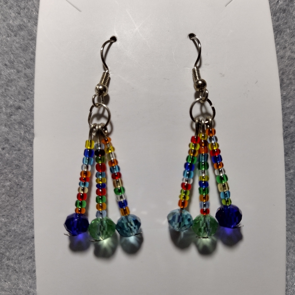 Handmade dangle earrings, multicolored beads, silver-colored hooks